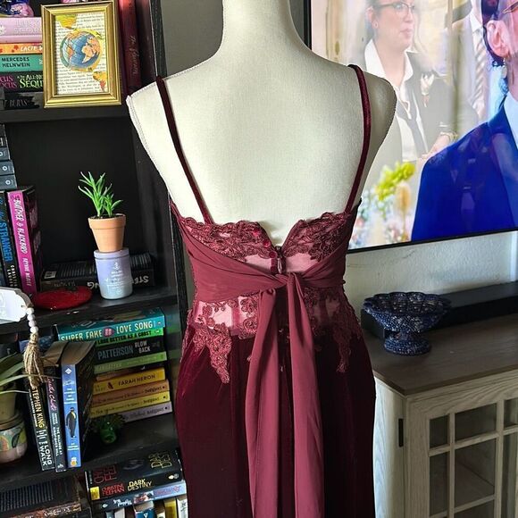 Azazie Size 2 Burgundy formal Gown Velvet lace formal dress bridesmaid prom - Picture 8 of 11